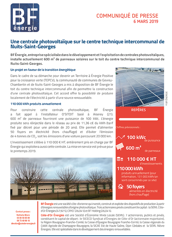 Communique de presse bf energie travaux construction centrale photovoltaique de nuits saint georges